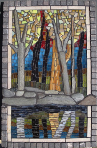 Kennebec;16" x 10.5"; natural stone, stained glass, marble; $600.00